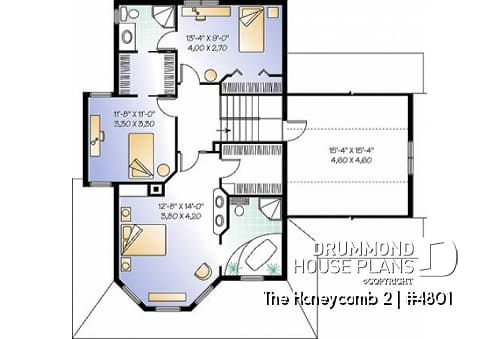 2nd level - 2-storey house plan, one-car garage with bonus space above, fireplace, sitting area off kitchen - The Honeycomb 2