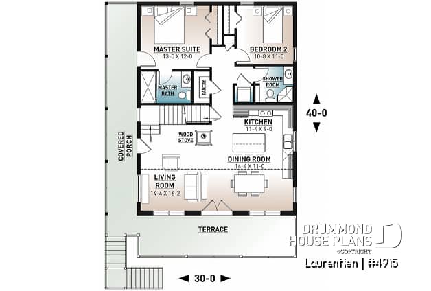 1st level - Mountain style house plan, 4 bedrooms, garage, wraparound balconies, fireplace, loft in mezzanine - Laurentien