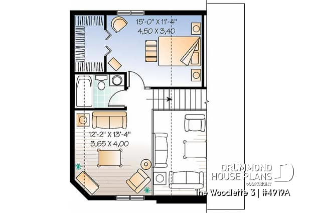 2nd level - Small and affordable 2 to 3 bedroom home plan with large covered terrace and great open floor plan concept - The Woodlette 3