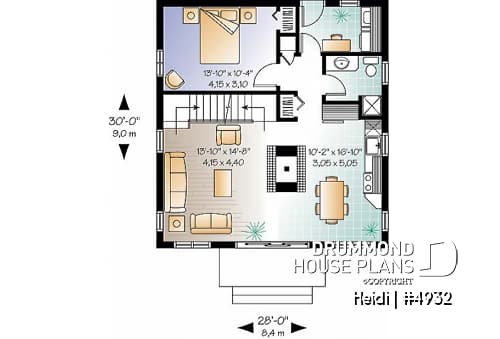1st level - Swiss chalet or mountain style cottage plan, 3 bedrooms, 2 bathroo, open floor layout with large fireplace - Heidi