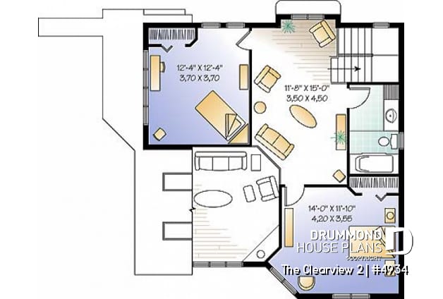 2nd level - A-France style lakefront vacation house plan, 3 bedrooms, 2 family rooms, mezzanine, garage - The Clearview 2