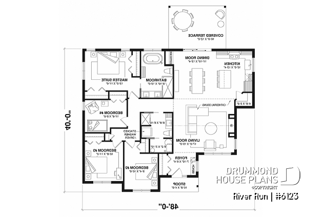 1st level - Single-storey house plan, 4 bedrooms and 2 baths on main floor, open concept, coffee bar and sheltered terrace - River Run