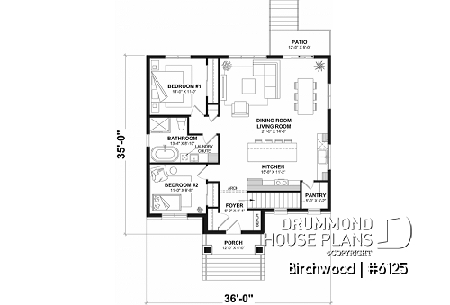 1st level - Small English style bungalow house plan with fully finished basement for a total of 4 bedrooms - Birchwood