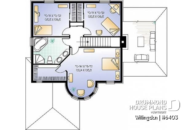 2nd level - European style 3 bedroom house plan, home office, large sunken living room, garage, walk-in in master - Willingdon