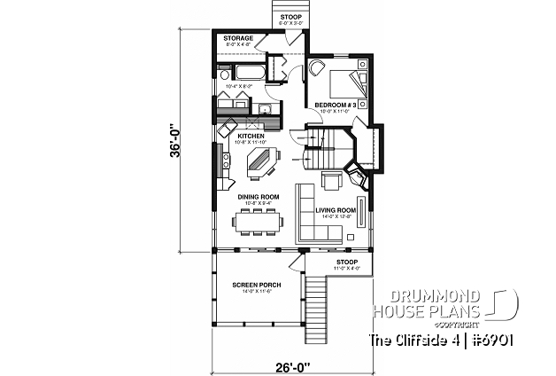 1st level - 4-seasons chalet style house plan, 3 bedrooms, fireplace, screened-in deck and open floor plan - The Cliffside 4