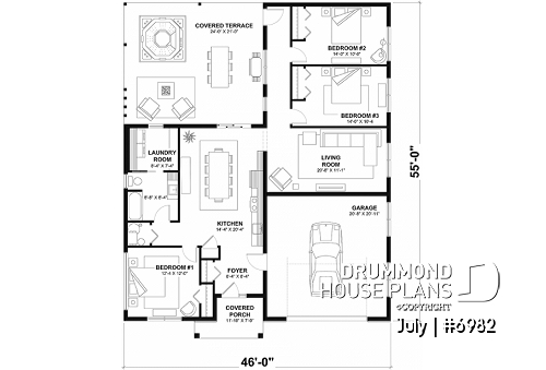 1st level option 1 - Small contemporary house w/ attached garage for RV, and one bedroom OR option without garage, with 3 bedrooms - July