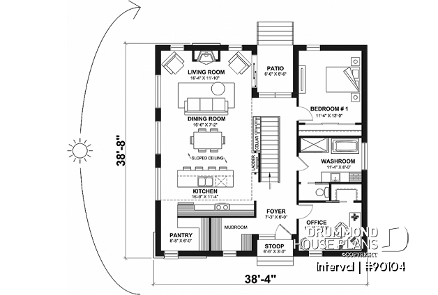 1st level - Environmentally friendly house plan, 1 to 4 beds, home office, 2 family rooms, fireplace, mezzanine - Interval