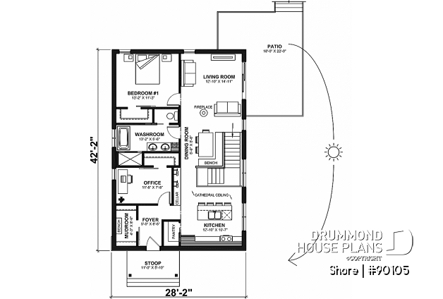 1st level - Ecological house plan with 3 bedrooms, small modern home, kitchen wine cellar and pantry, home office - Shore