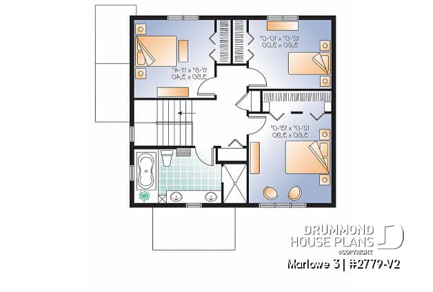2nd level - 3 bedroom house plan with basement apartment, laundry room on main floor, fireplace - Marlowe 3