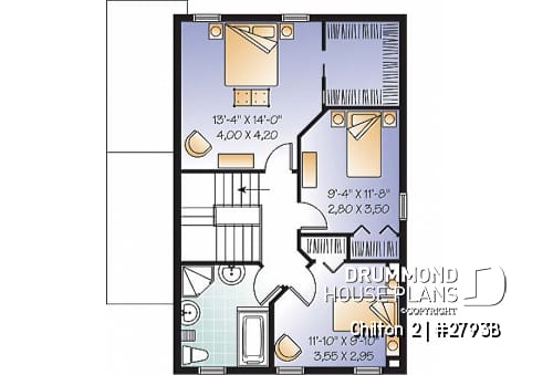 2nd level - 3 bedroom country cottage house plan with large kitchen & basement appartment, lots of storage - Chilton 2