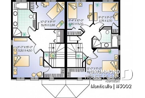 2nd level - 2-story semi-detached house plan, 2 to 3 bedrooms and 2 bathrooms per unit, open floor plan concept - Monticello