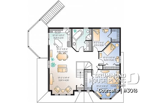 2nd level - Integenerational house plan or duplex house plan, one-car garage, 1 bedroom and 3 bedroom apartments - Courcelle