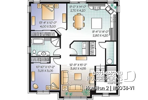 2nd level - Large 3 unit apartment building plan, 2 bedrooms, laundry room, sheltered terrace, kitchen island - Hamilton 2