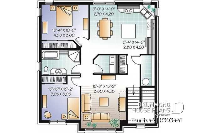 2nd level - Large 3 unit apartment building plan, 2 bedrooms, laundry room, sheltered terrace, kitchen island - Hamilton 2