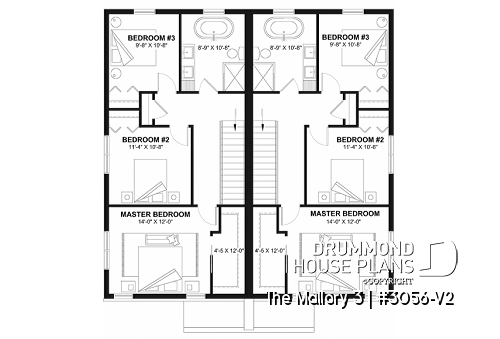 2nd level - Contemporary semi-detached house plan, w/ finished basement, offering a total of 4 beds + office in each unit - The Mallory 3