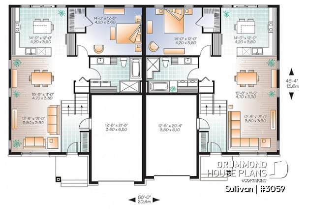 1st level - Modern duplex house plan with garage,up to 3 bedrooms per unit, large shower, great kitchen island - Sullivan