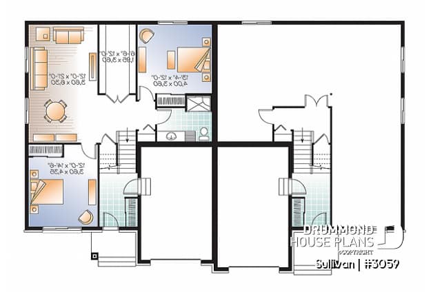 Basement - Modern duplex house plan with garage,up to 3 bedrooms per unit, large shower, great kitchen island - Sullivan
