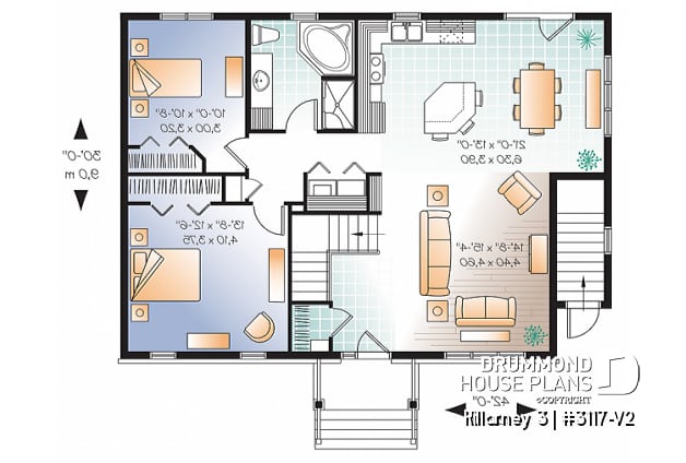 1st level - 3 bedroom house plan with 2 family rooms (main unit) and a one-bedroom basement apartment - Killarney 3