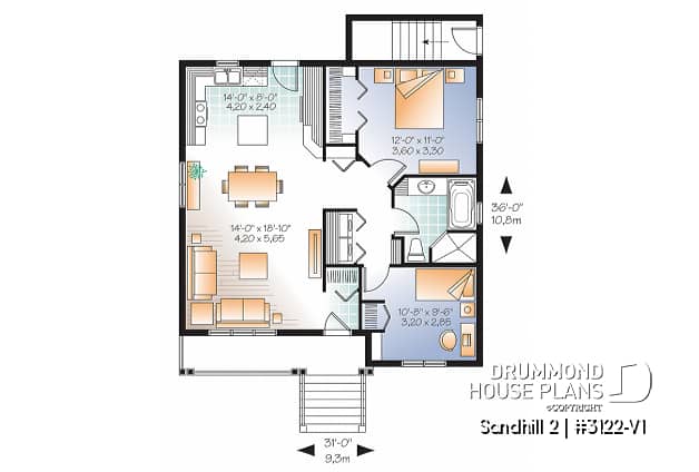 1st level - 2 bedroom Country style house plan with a 2 bedroom basement appartment, separate entrances - Sandhill 2