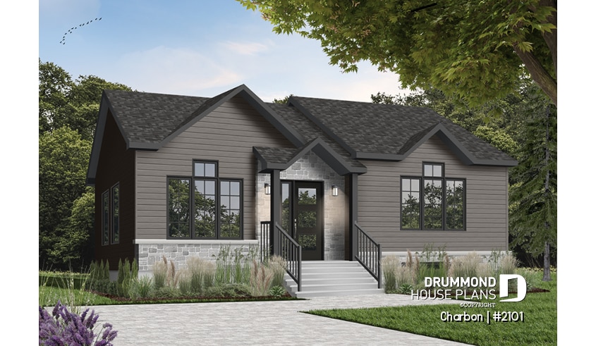 Color version 4 - Front - Cathedral ceiling 3 bedroom Modern house plan, small affordable home, laundry closet on main floor - Charbon