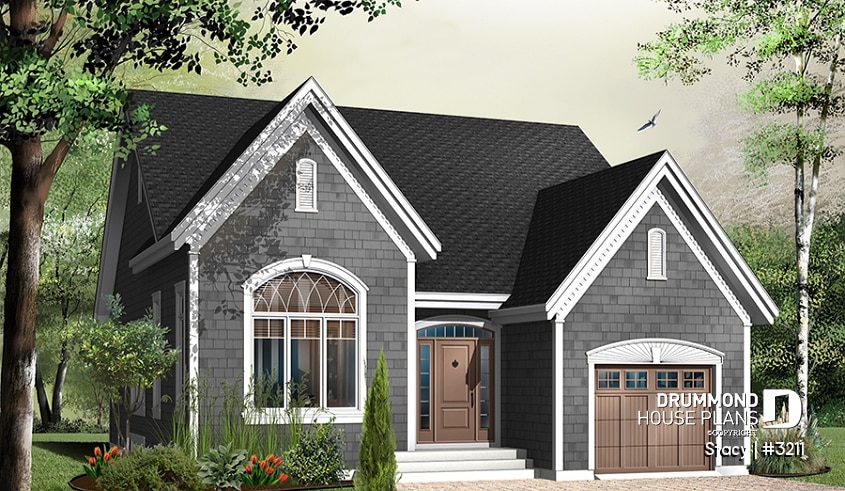 Color version 2 - Front - Small, comfortabe & affordable bungalow house plan, garage, for narrow lot, 2 bedrooms, open plan, 11' ceiling - Stacy