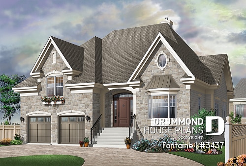 front - BASE MODEL - House plan with large master suite, split bedrooms floor plan, home office, large laundry room, 2-car garage - Fontaine