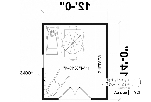 1st level - Shed plan with shelves and hooks for maximum storage - Caribou