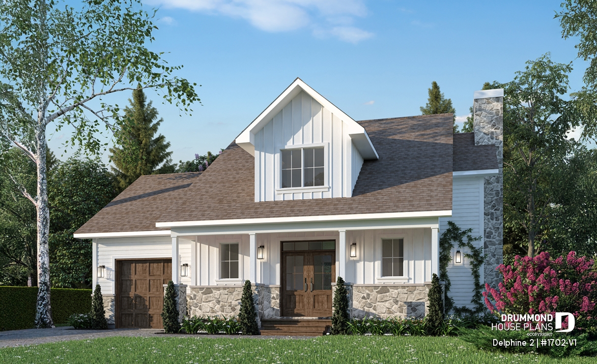 front - BASE MODEL - Compact Country house plan with garage, 3 bedrooms, 2.5 bathrooms, master bedroom with private ensuite - Delphine 2