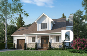 front - BASE MODEL - Compact Country house plan with garage, 3 bedrooms, 2.5 bathrooms, master bedroom with private ensuite - Delphine 2