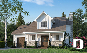 front - BASE MODEL - Compact Country house plan with garage, 3 bedrooms, 2.5 bathrooms, master bedroom with private ensuite - Delphine 2