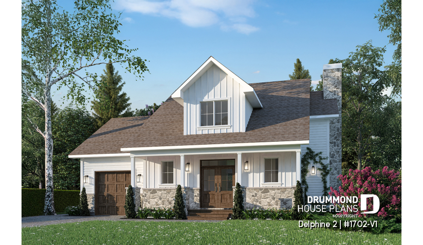 front - BASE MODEL - Compact Country house plan with garage, 3 bedrooms, 2.5 bathrooms, master bedroom with private ensuite - Delphine 2