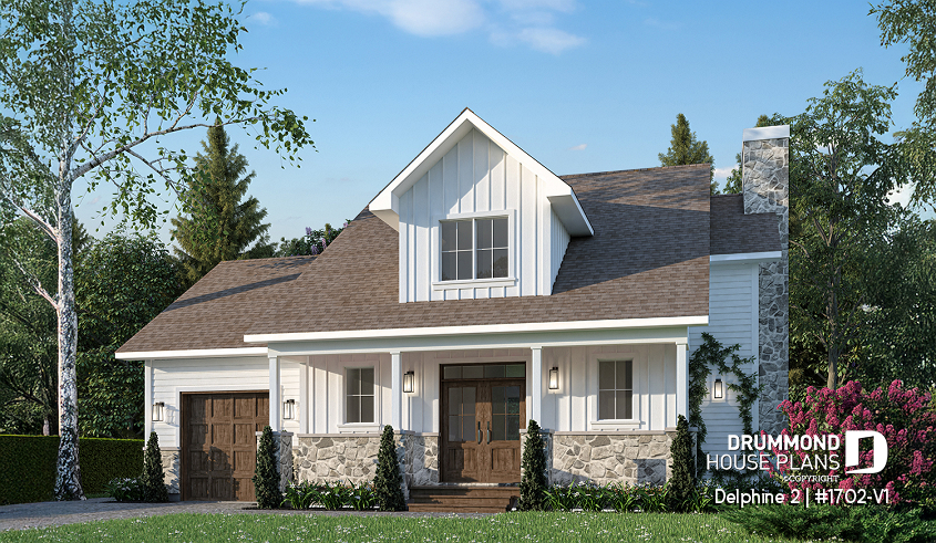 front - BASE MODEL - Compact Country house plan with garage, 3 bedrooms, 2.5 bathrooms, master bedroom with private ensuite - Delphine 2