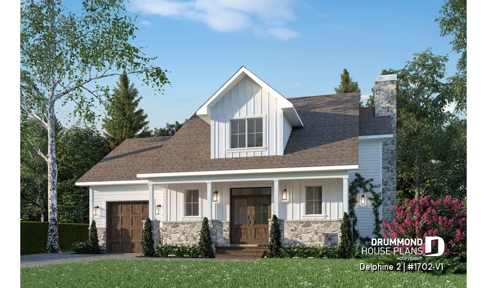 front - BASE MODEL - Compact Country house plan with garage, 3 bedrooms, 2.5 bathrooms, master bedroom with private ensuite - Delphine 2