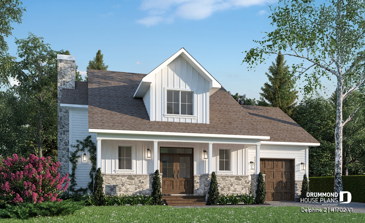 front - BASE MODEL - Compact Country house plan with garage, 3 bedrooms, 2.5 bathrooms, master bedroom with private ensuite - Delphine 2