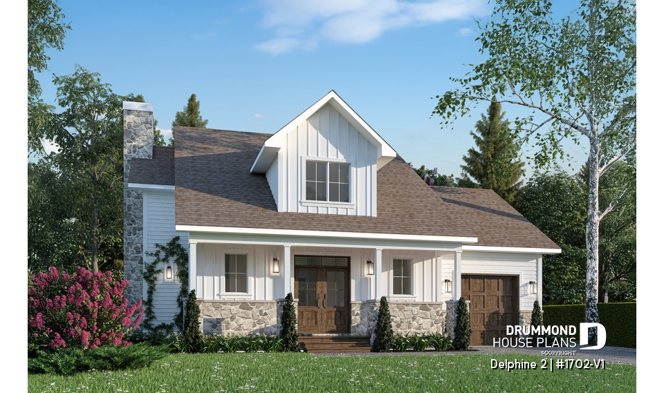 front - BASE MODEL - Compact Country house plan with garage, 3 bedrooms, 2.5 bathrooms, master bedroom with private ensuite - Delphine 2