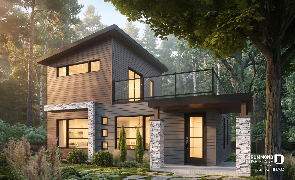 front - BASE MODEL - Compact Modern Home Plan with Open Floor Plan, Upstairs Suite and Spacious Terrace - Joshua