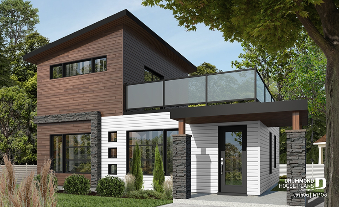 front - BASE MODEL - Compact Modern Home Plan with Open Floor Plan, Upstairs Suite and Spacious Terrace - Joshua