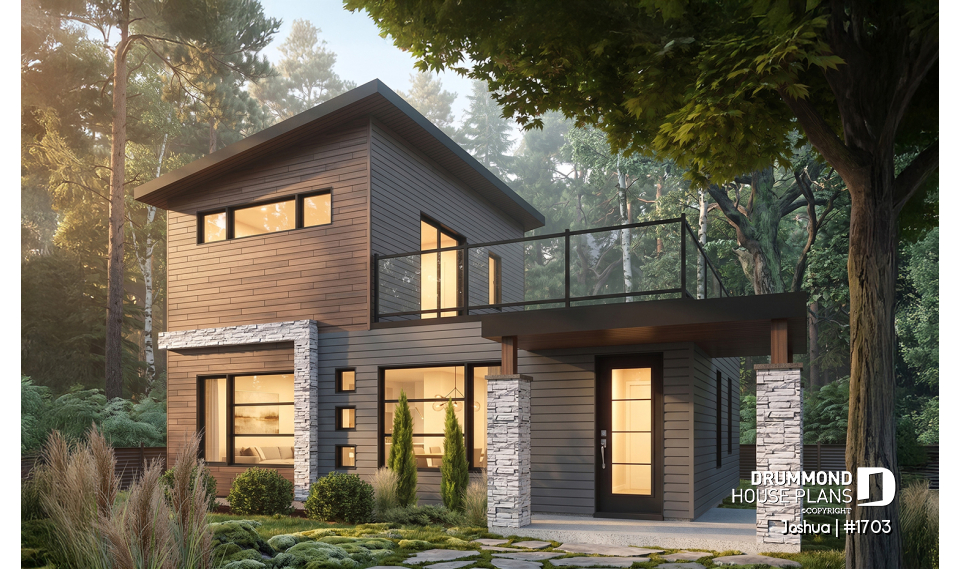 front - BASE MODEL - Compact Modern Home Plan with Open Floor Plan, Upstairs Suite and Spacious Terrace - Joshua