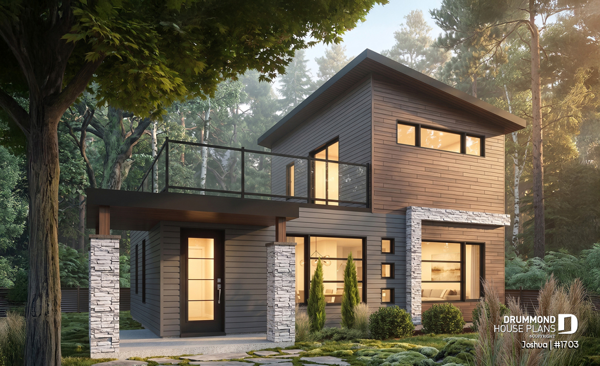 front - BASE MODEL - Compact Modern Home Plan with Open Floor Plan, Upstairs Suite and Spacious Terrace - Joshua