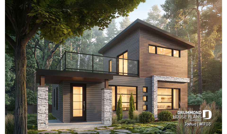front - BASE MODEL - Compact Modern Home Plan with Open Floor Plan, Upstairs Suite and Spacious Terrace - Joshua
