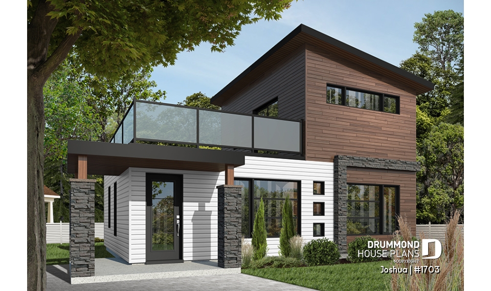 front - BASE MODEL - Compact Modern Home Plan with Open Floor Plan, Upstairs Suite and Spacious Terrace - Joshua