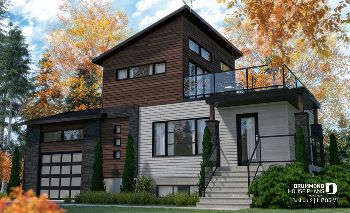 front - BASE MODEL - Modern unique 2 storey house plan, master suite on second floor with private large terrace, garage, and more! - Joshua 2