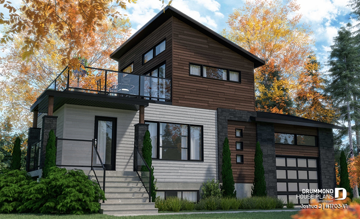 front - BASE MODEL - Modern unique 2 storey house plan, master suite on second floor with private large terrace, garage, and more! - Joshua 2
