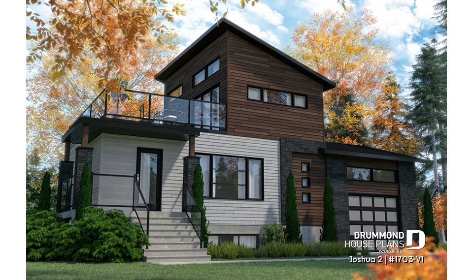 front - BASE MODEL - Modern unique 2 storey house plan, master suite on second floor with private large terrace, garage, and more! - Joshua 2