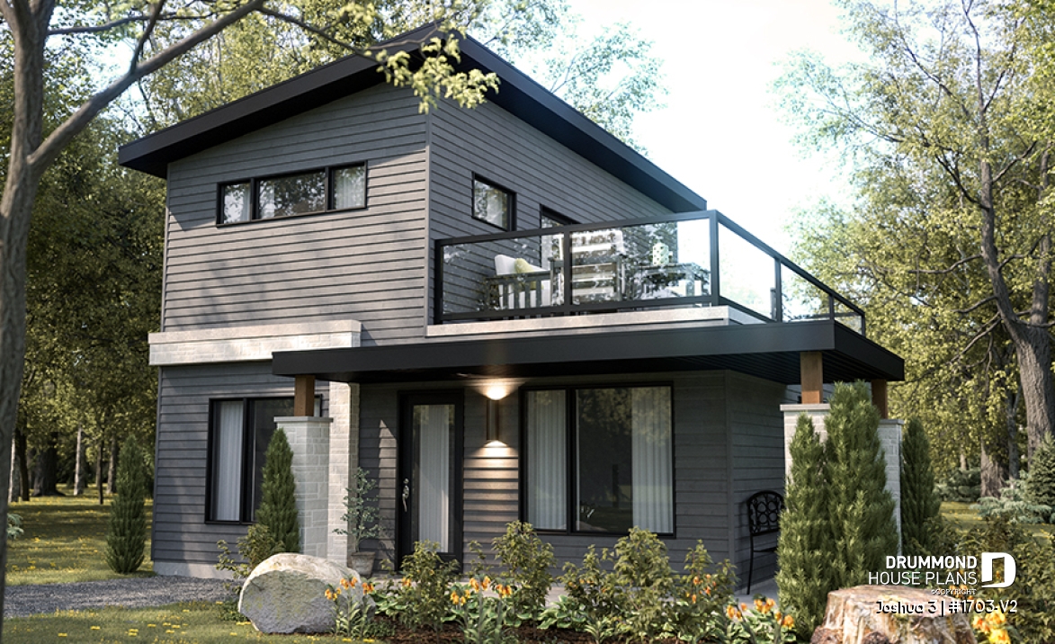 front - BASE MODEL - Small Modern house plan 2 bedrooms + office, compact kitchen with island and pantry, large 2nd floor terrace - Joshua 3