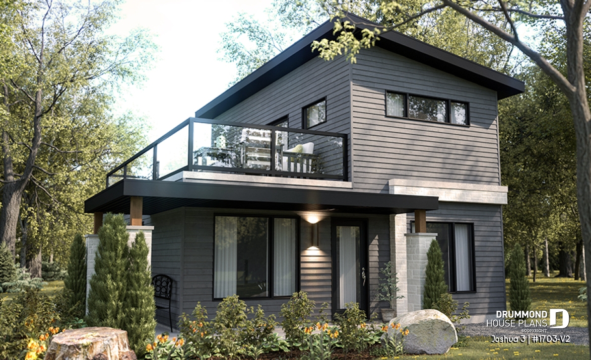 front - BASE MODEL - Small Modern house plan 2 bedrooms + office, compact kitchen with island and pantry, large 2nd floor terrace - Joshua 3