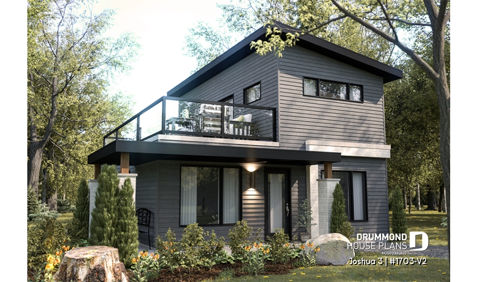 front - BASE MODEL - Small Modern house plan 2 bedrooms + office, compact kitchen with island and pantry, large 2nd floor terrace - Joshua 3
