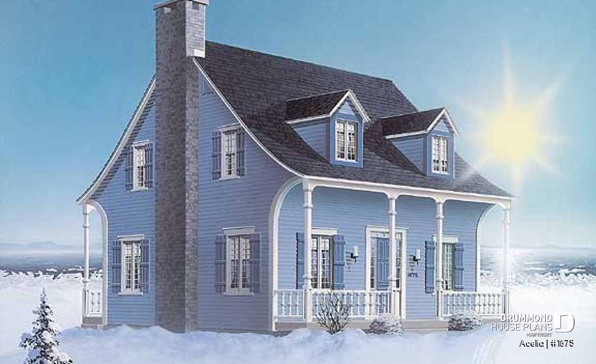 front - BASE MODEL - Small, historic Canadian style house plan, 3 bedrooms, fireplace, laundry on main, sitting room on 2nd floor - Acelia