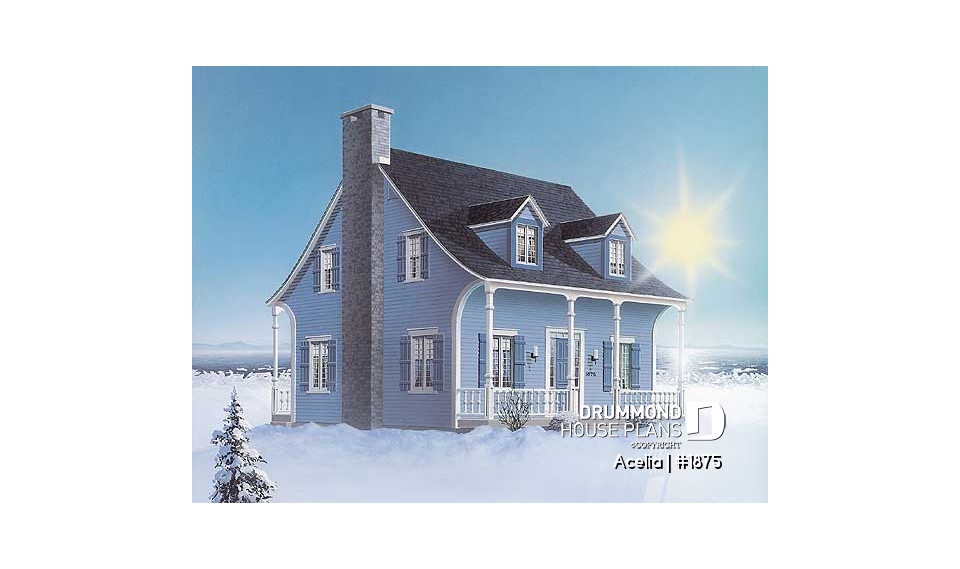 front - BASE MODEL - Small, historic Canadian style house plan, 3 bedrooms, fireplace, laundry on main, sitting room on 2nd floor - Acelia