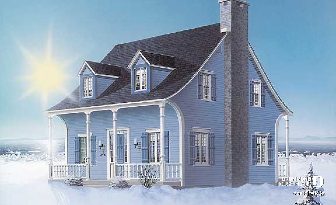 front - BASE MODEL - Small, historic Canadian style house plan, 3 bedrooms, fireplace, laundry on main, sitting room on 2nd floor - Acelia